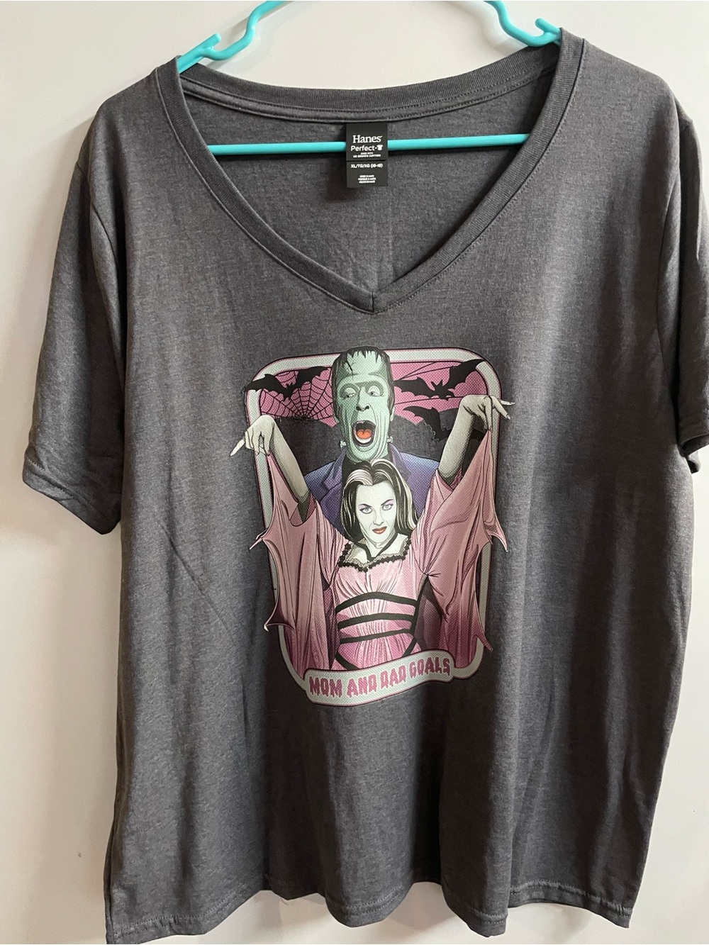 Hanes Gray V-Neck Short Sleeve Tee with Pink & Green Graphic